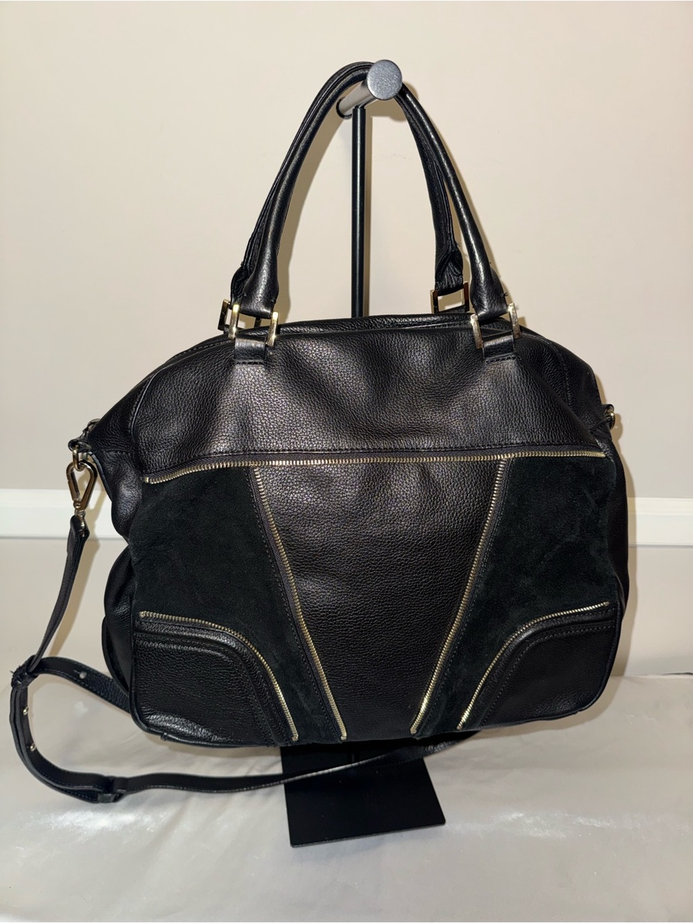 Kelsi Dagger Black Leather Satchel Handbag with Gold Hardware